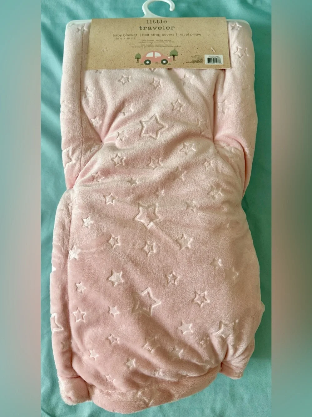 Little Traveler Light Pink Star Baby Blanket, Strap Covers & Travel Pillow Set